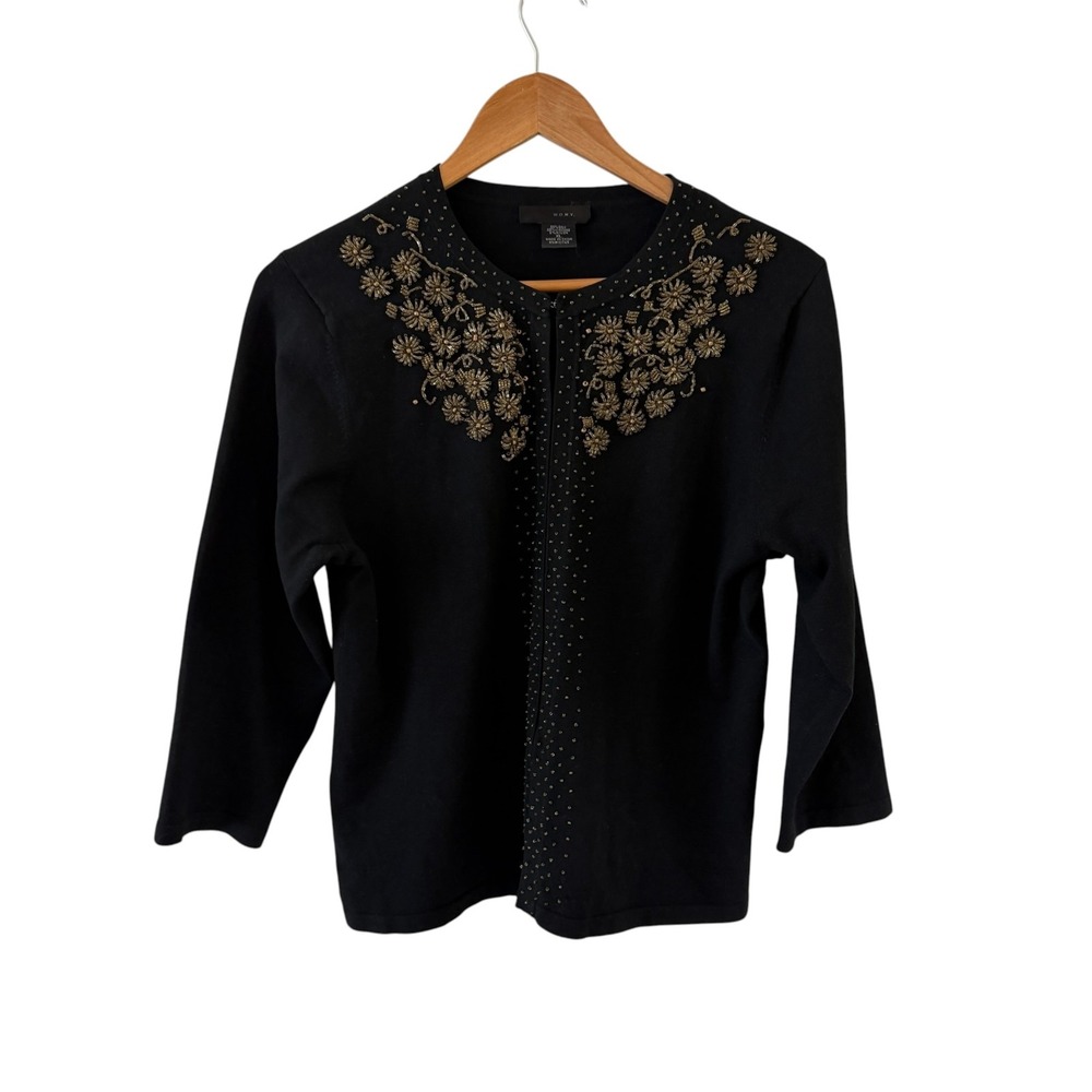 Vintage WDNY Silk Blend Beaded Cardigan Sweater Womens XL Black Floral Retro Mod
